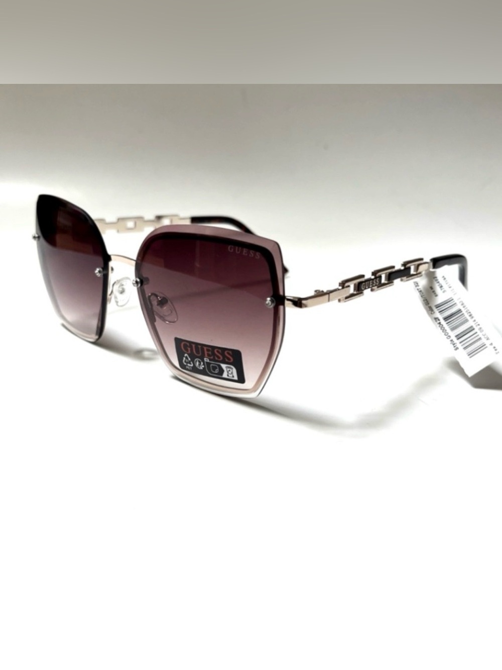 GUESS Oversized Square Sunglasses G000042 Rimless Tortoise Metal Chain Brown NWT